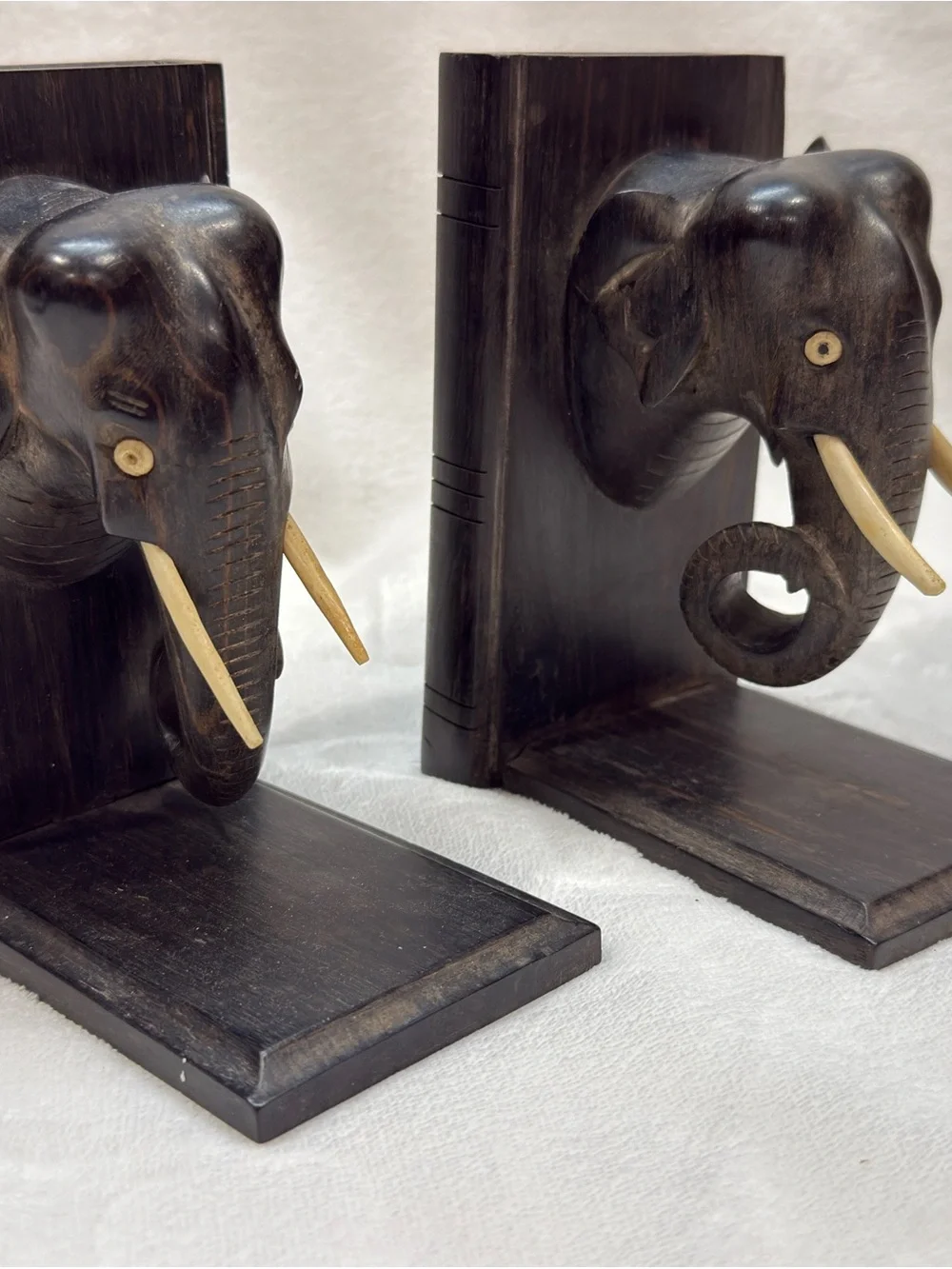 Ebony Hand-Carved Black Elephant Head Bookends - Decorative Wall Accent